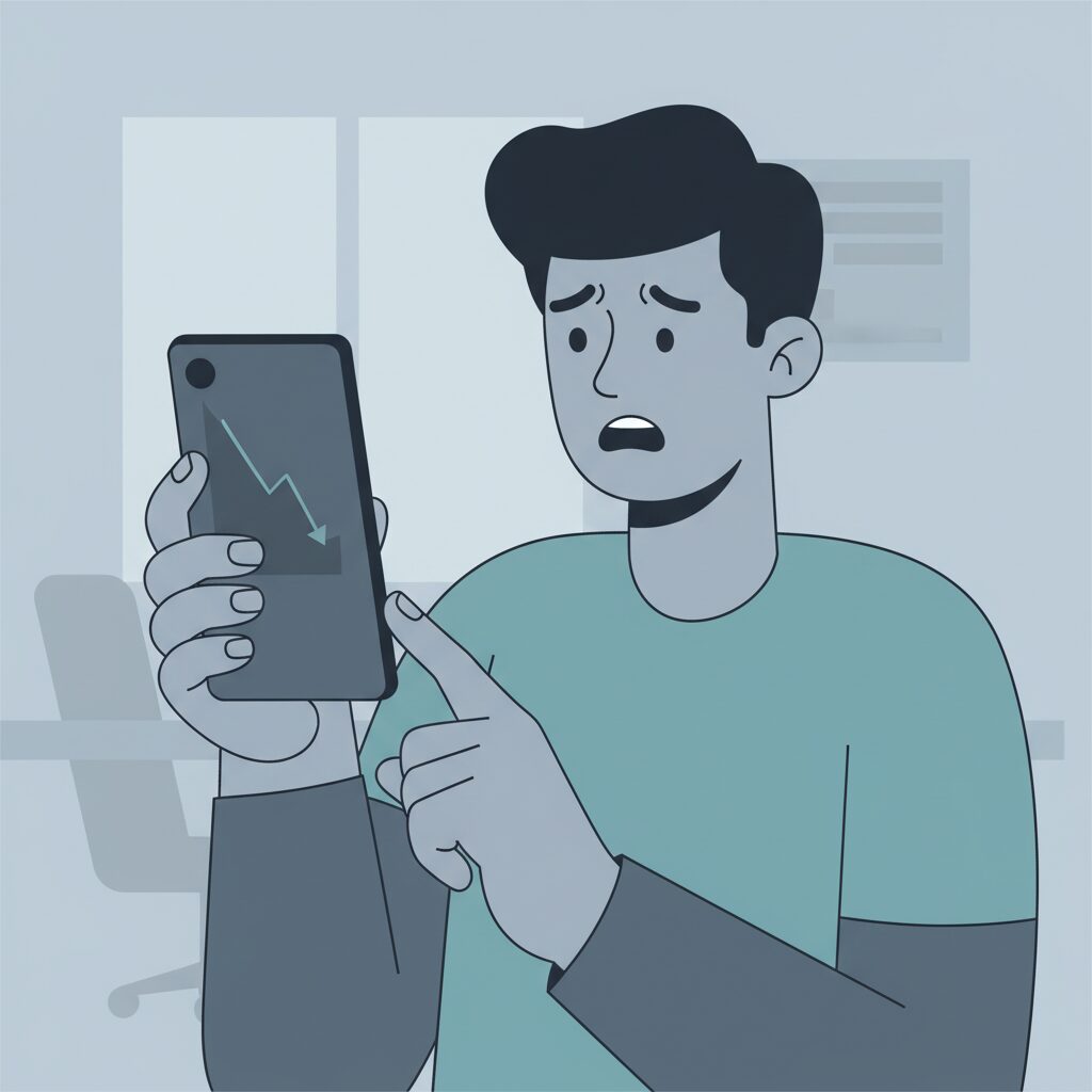 銀行口座の残高が減り悩む様子のイラスト